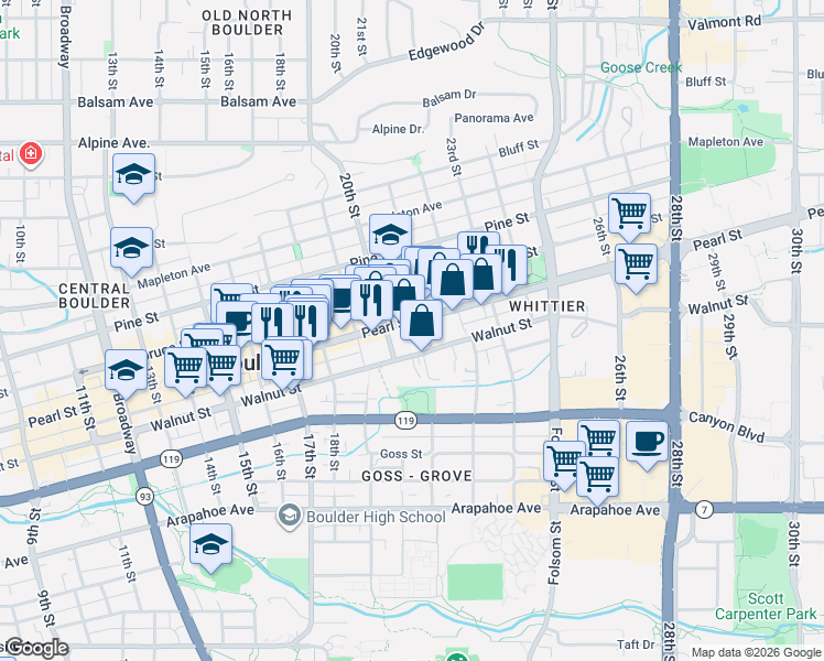 map of restaurants, bars, coffee shops, grocery stores, and more near 2060 Pearl Street in Boulder
