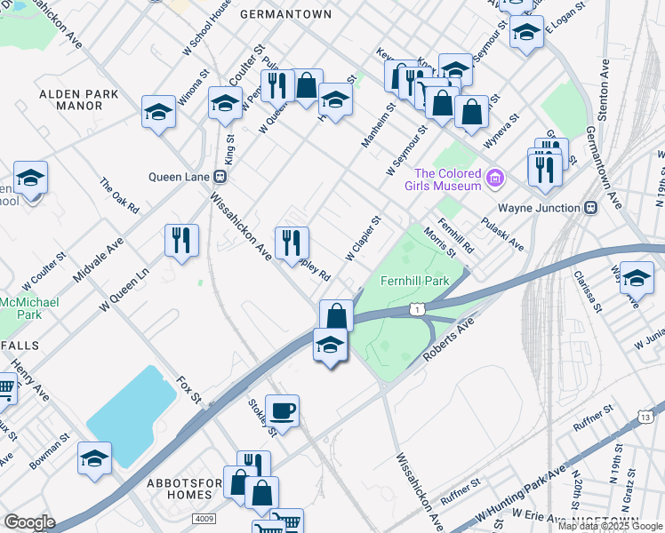 map of restaurants, bars, coffee shops, grocery stores, and more near 5010 Schuyler Street in Philadelphia