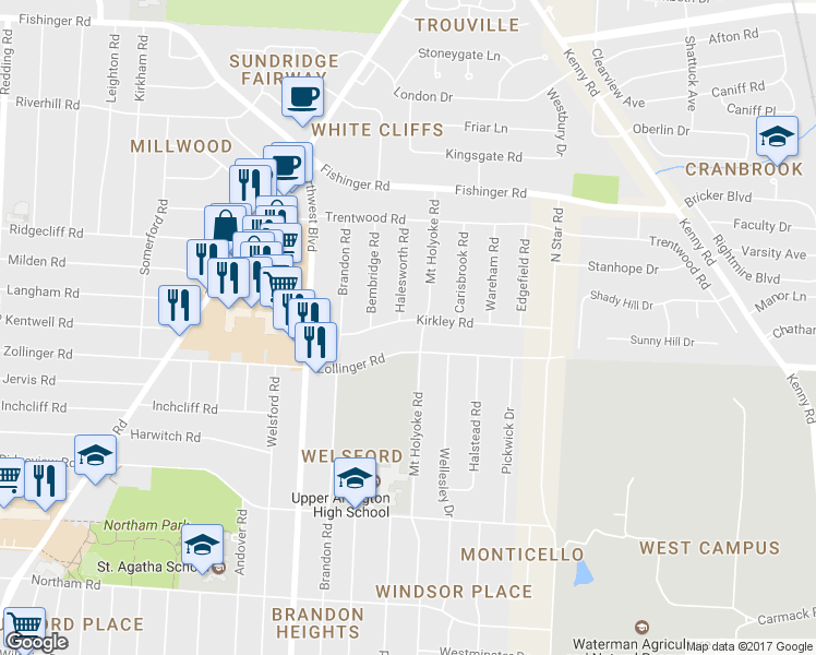 map of restaurants, bars, coffee shops, grocery stores, and more near 1537 Kirkley Road in Columbus