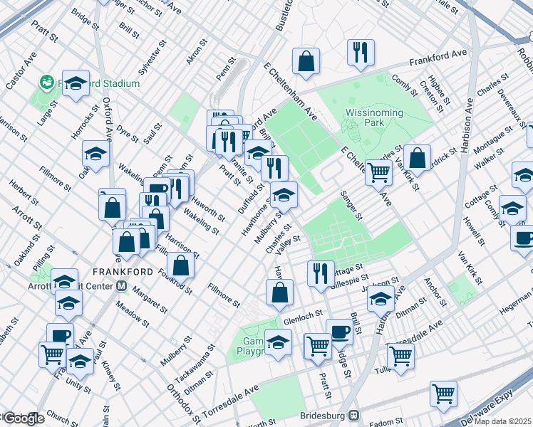 map of restaurants, bars, coffee shops, grocery stores, and more near 5204 Marlowe Street in Philadelphia