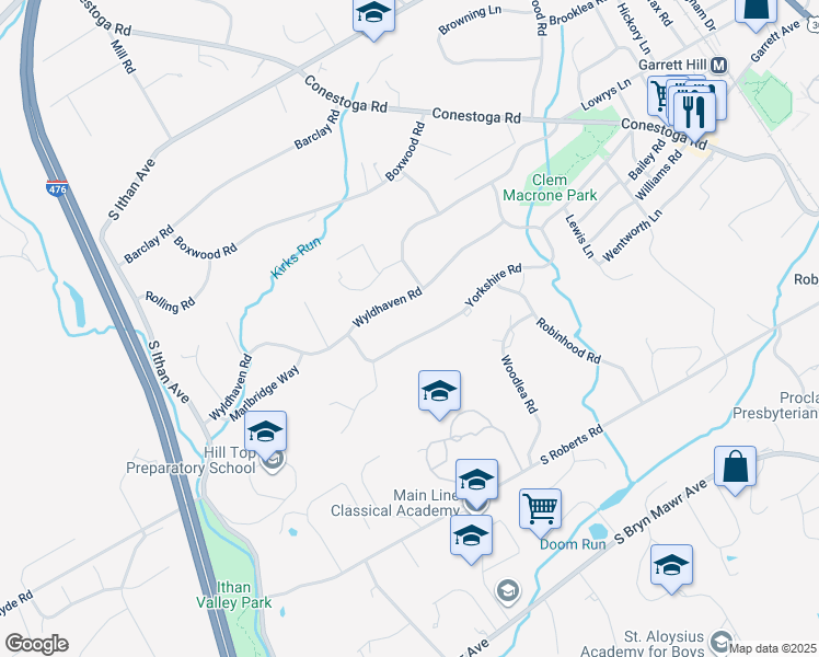 map of restaurants, bars, coffee shops, grocery stores, and more near 404 Yorkshire Road in Bryn Mawr