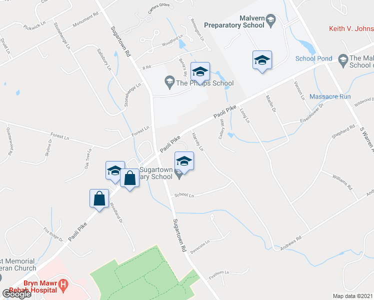 map of restaurants, bars, coffee shops, grocery stores, and more near Reeves Way in Malvern