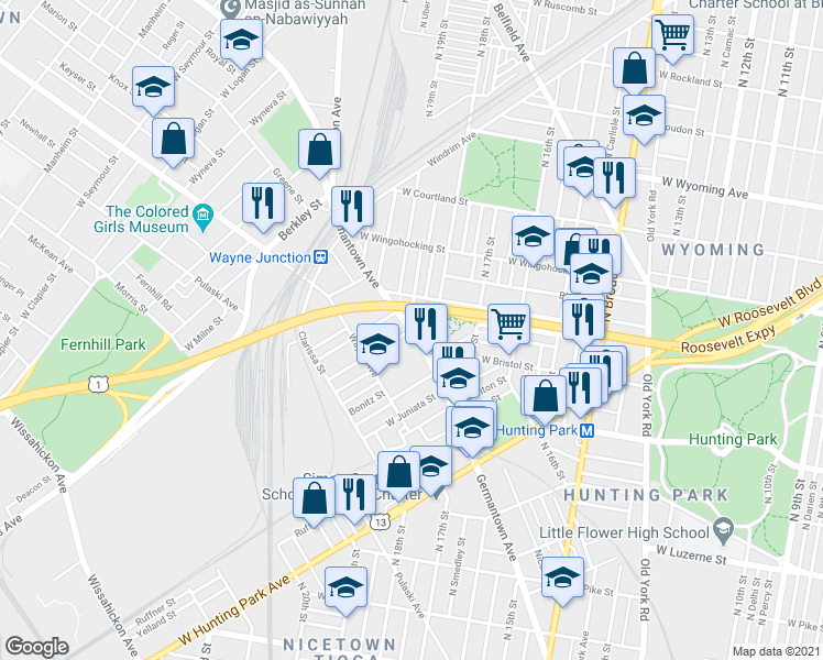 map of restaurants, bars, coffee shops, grocery stores, and more near Rowan Street in Philadelphia