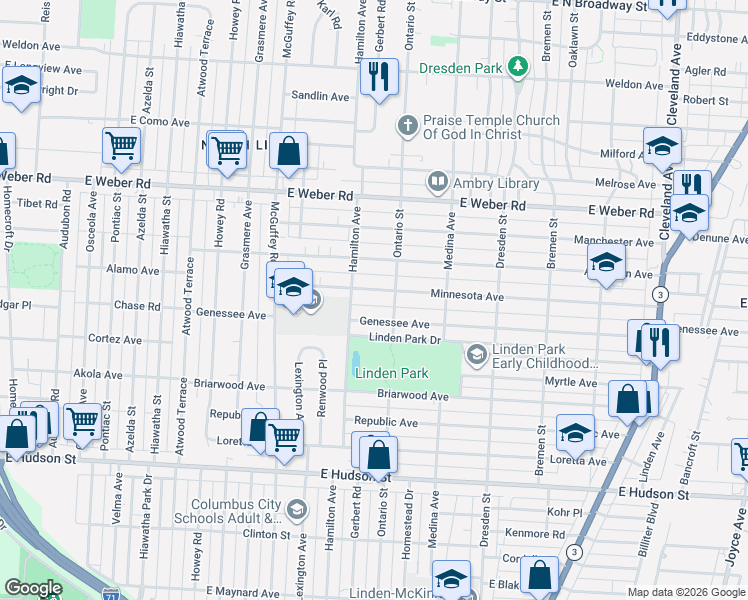 map of restaurants, bars, coffee shops, grocery stores, and more near 1277 Minnesota Avenue in Columbus
