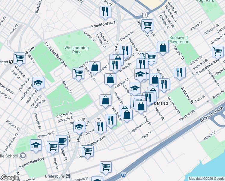 map of restaurants, bars, coffee shops, grocery stores, and more near Harbison Ave & E Howell St in Philadelphia