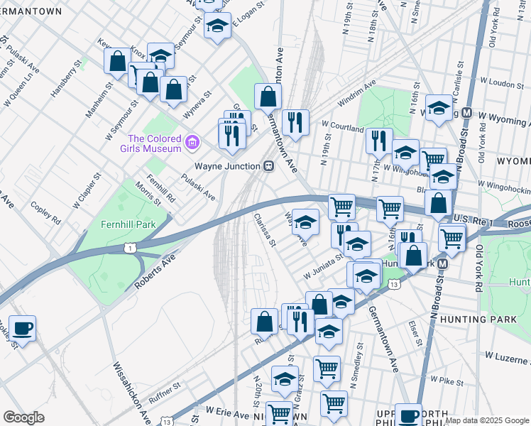 map of restaurants, bars, coffee shops, grocery stores, and more near 4400 Wayne Avenue in Philadelphia