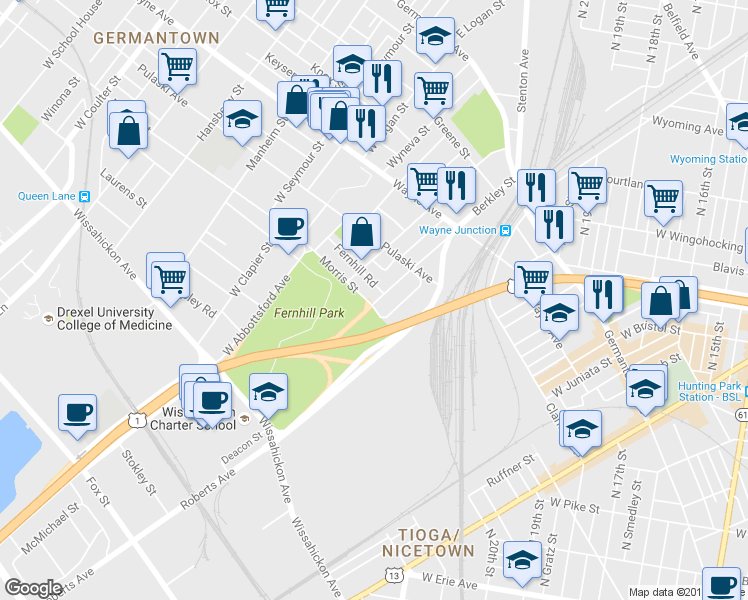 map of restaurants, bars, coffee shops, grocery stores, and more near 4519 Morris Street in Philadelphia