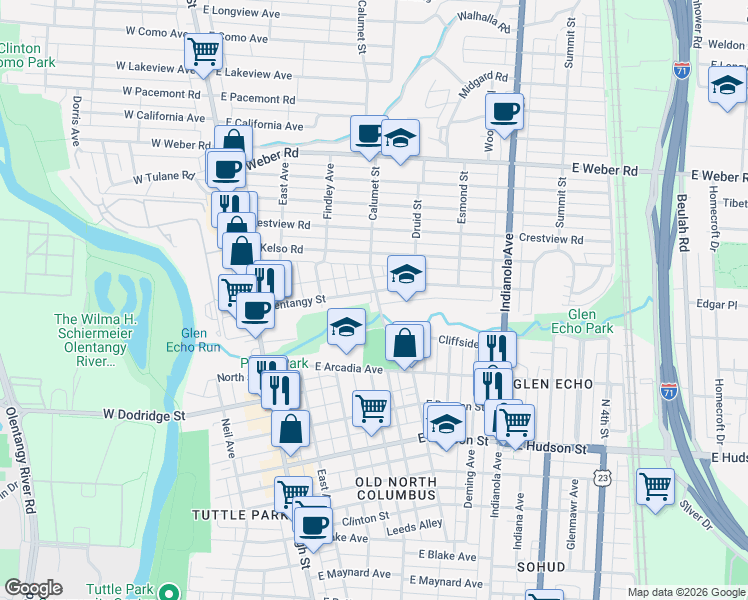 map of restaurants, bars, coffee shops, grocery stores, and more near 205 Olentangy Street in Columbus