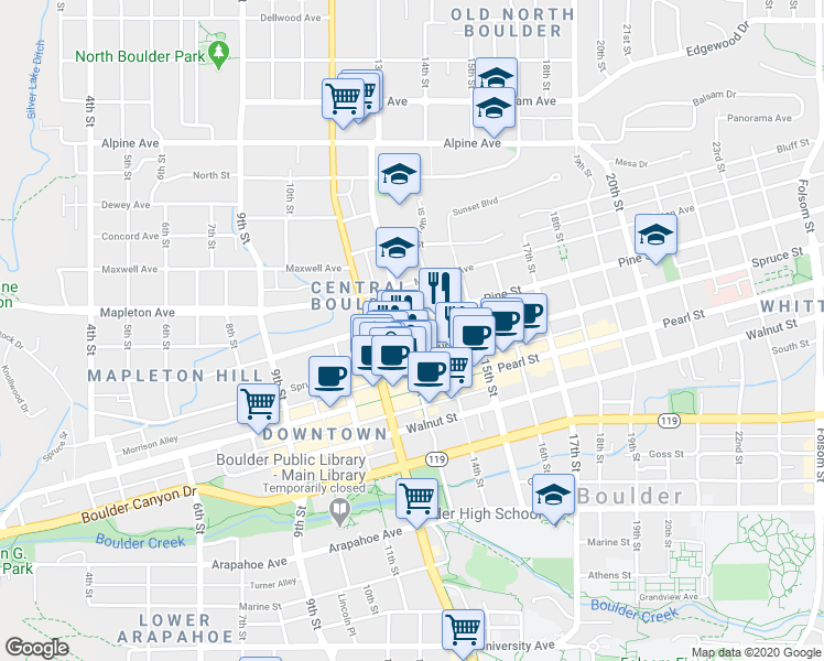map of restaurants, bars, coffee shops, grocery stores, and more near 2150 13th St in Boulder