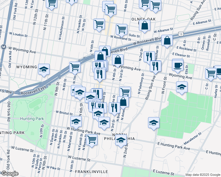 map of restaurants, bars, coffee shops, grocery stores, and more near 402 West Annsbury Street in Philadelphia