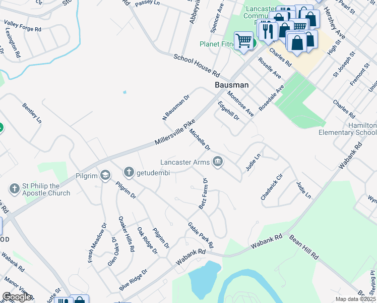 map of restaurants, bars, coffee shops, grocery stores, and more near 1704 Saint Paul Circle in Lancaster