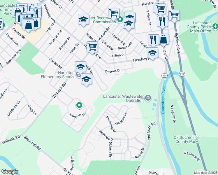 map of restaurants, bars, coffee shops, grocery stores, and more near 721 Euclid Avenue in Lancaster