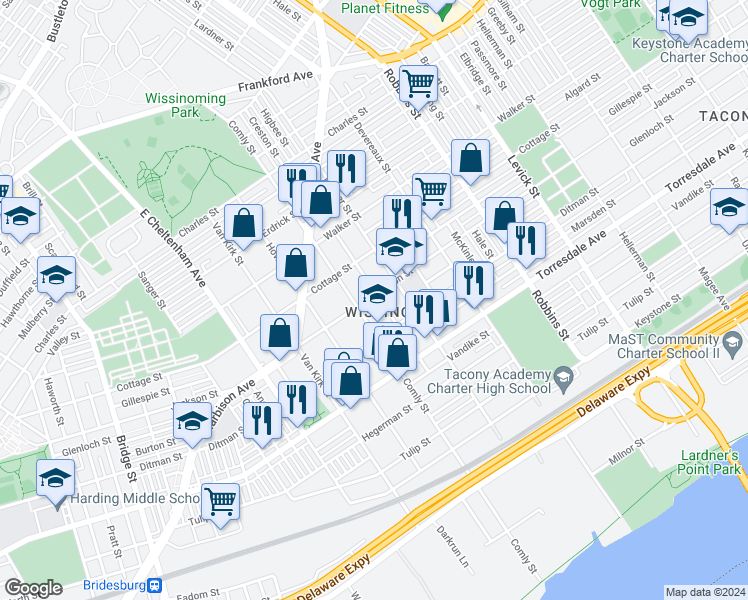map of restaurants, bars, coffee shops, grocery stores, and more near 4500 Higbee Street in Philadelphia