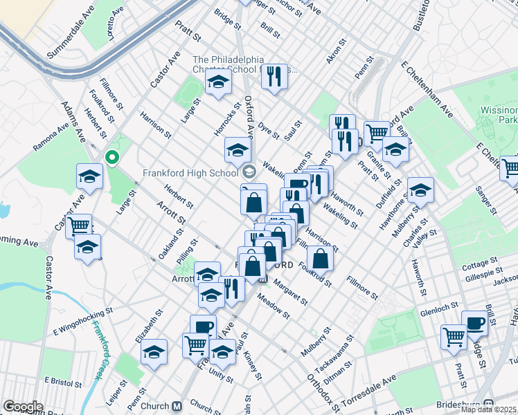 map of restaurants, bars, coffee shops, grocery stores, and more near 4831 Oxford Avenue in Philadelphia