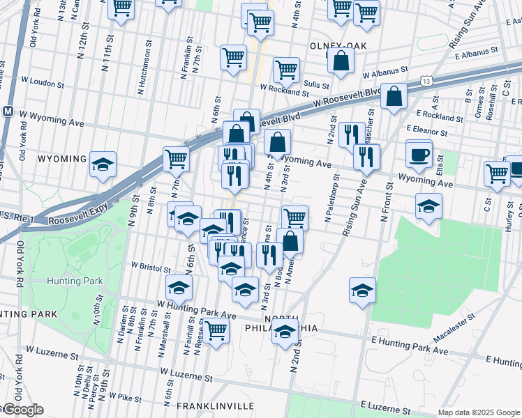 map of restaurants, bars, coffee shops, grocery stores, and more near 402 West Annsbury Street in Philadelphia