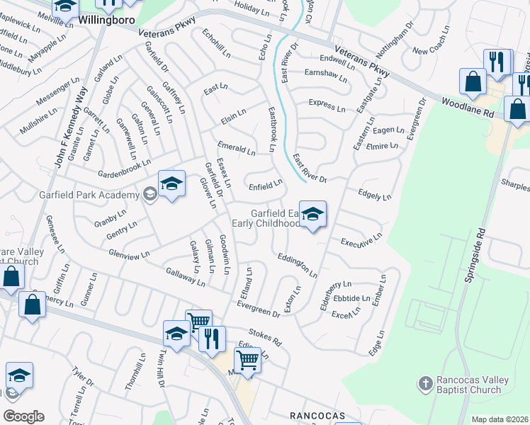 map of restaurants, bars, coffee shops, grocery stores, and more near 9 Eddington Lane in Willingboro Township
