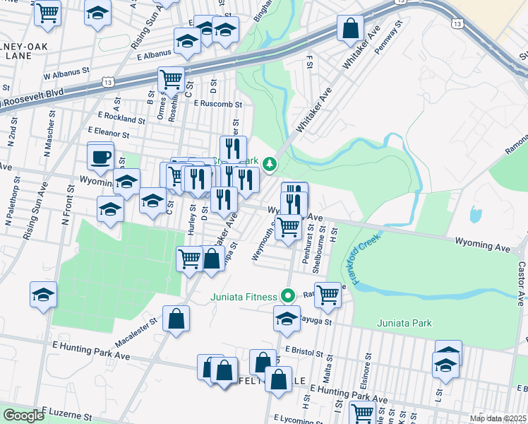 map of restaurants, bars, coffee shops, grocery stores, and more near 638 East Wyoming Avenue in Philadelphia
