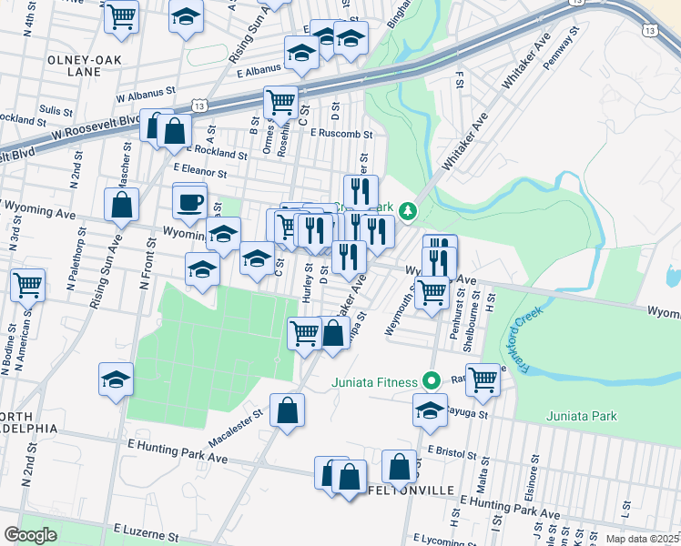 map of restaurants, bars, coffee shops, grocery stores, and more near 523 East Luray Street in Philadelphia