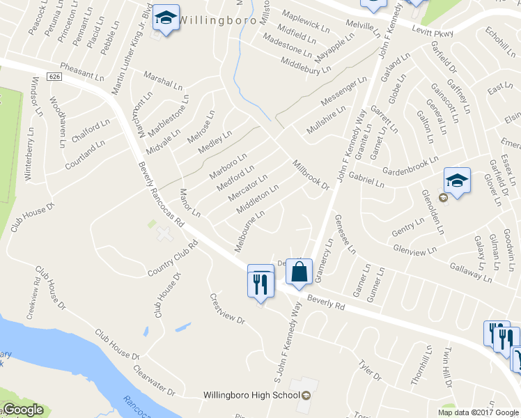 map of restaurants, bars, coffee shops, grocery stores, and more near 45 Melbourne Lane in Willingboro