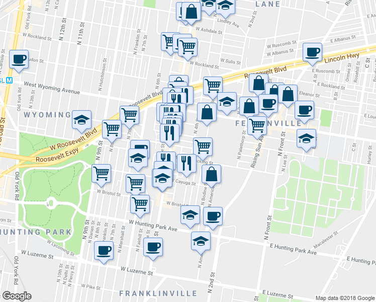 map of restaurants, bars, coffee shops, grocery stores, and more near 410 West Annsbury Street in Philadelphia