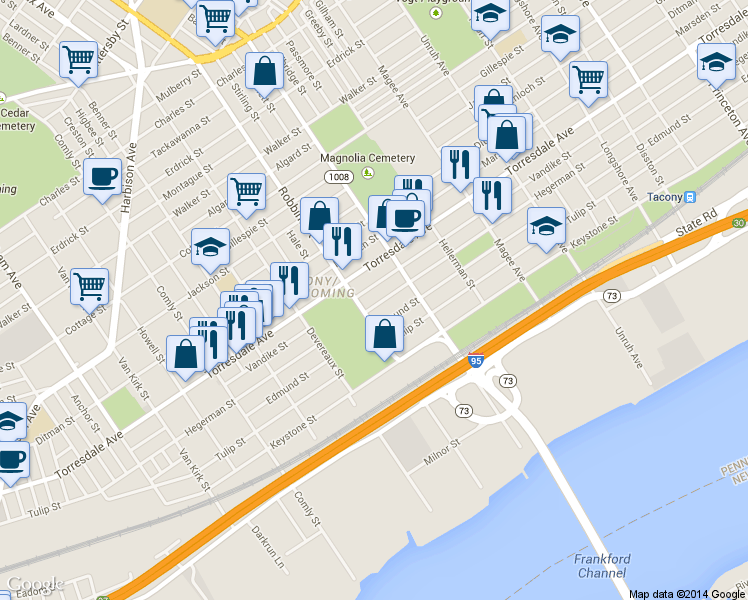 map of restaurants, bars, coffee shops, grocery stores, and more near 6316 Hegerman Street in Philadelphia