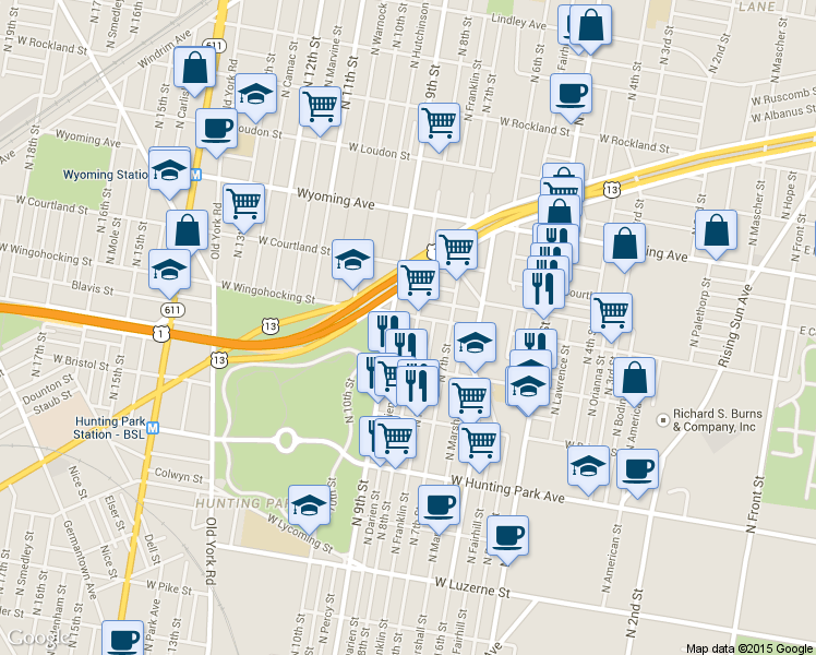 map of restaurants, bars, coffee shops, grocery stores, and more near 4440 North 8th Street in Philadelphia