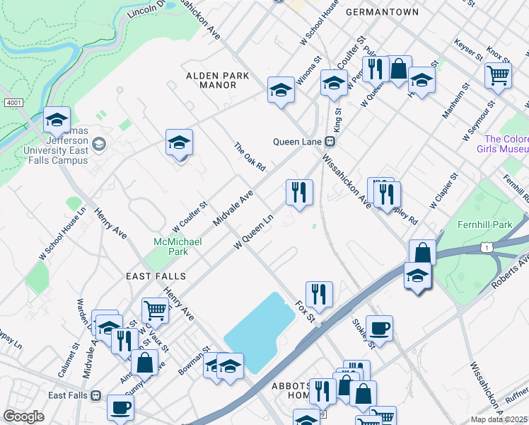 map of restaurants, bars, coffee shops, grocery stores, and more near 3001 West Queen Lane in Philadelphia