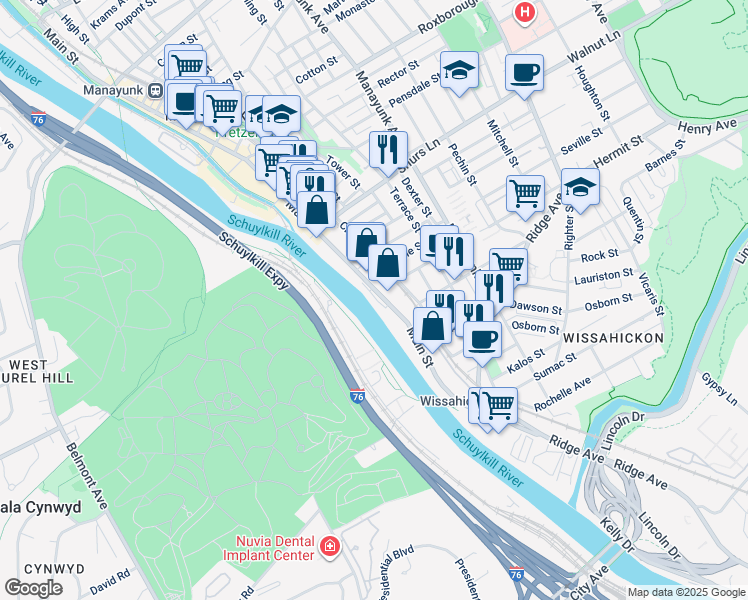 map of restaurants, bars, coffee shops, grocery stores, and more near 3900 Main Street in Philadelphia