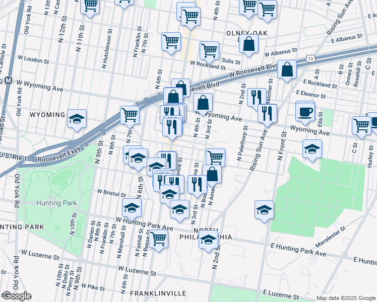 map of restaurants, bars, coffee shops, grocery stores, and more near 410 West Annsbury Street in Philadelphia