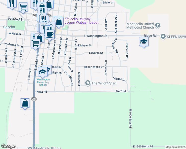 map of restaurants, bars, coffee shops, grocery stores, and more near 801 Tyler Court in Monticello