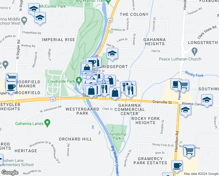 map of restaurants, bars, coffee shops, grocery stores, and more near 136 Town Street in Gahanna