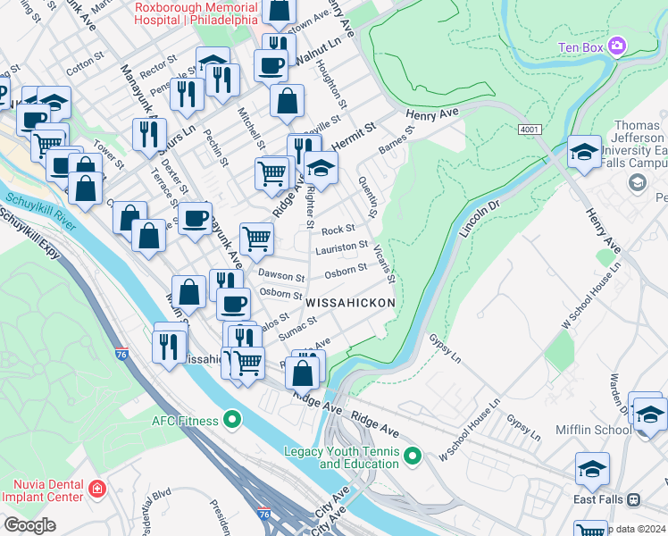 map of restaurants, bars, coffee shops, grocery stores, and more near 235 Osborn Street in Philadelphia