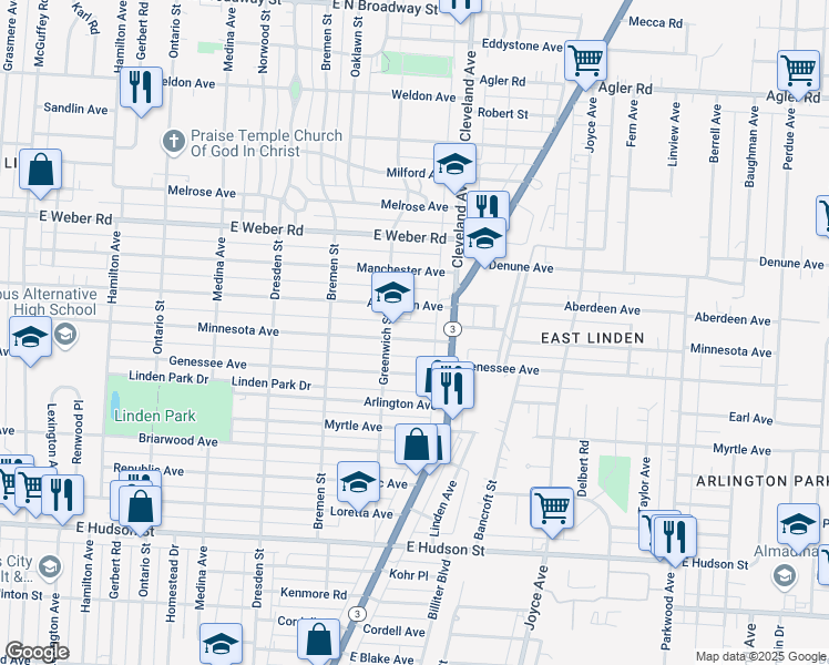 map of restaurants, bars, coffee shops, grocery stores, and more near 1664 Minnesota Avenue in Columbus