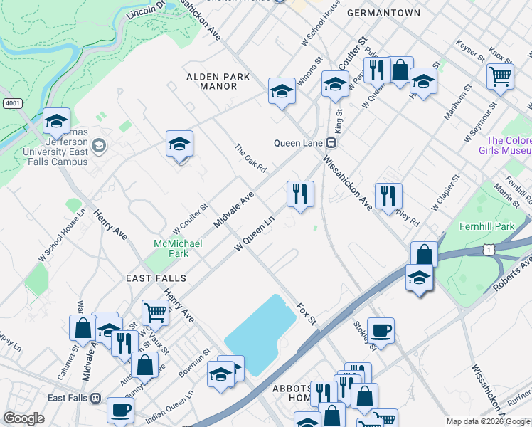 map of restaurants, bars, coffee shops, grocery stores, and more near 3001 West Queen Lane in Philadelphia
