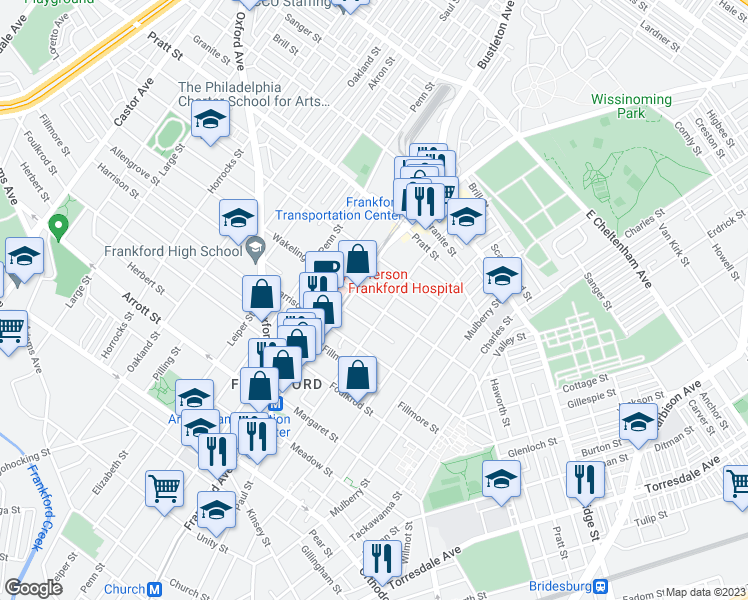 map of restaurants, bars, coffee shops, grocery stores, and more near 1625 Wakeling Street in Philadelphia