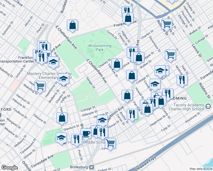 map of restaurants, bars, coffee shops, grocery stores, and more near 5459 Montague St in Philadelphia