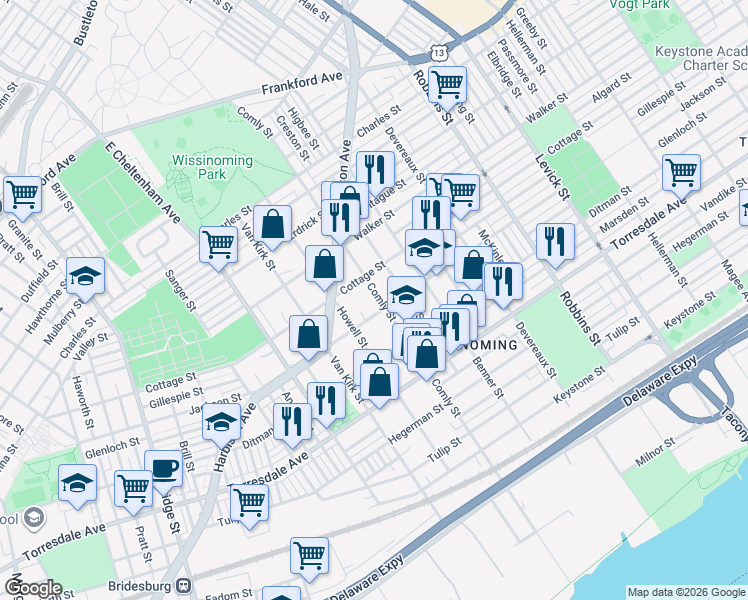map of restaurants, bars, coffee shops, grocery stores, and more near 4424 Comly Street in Philadelphia