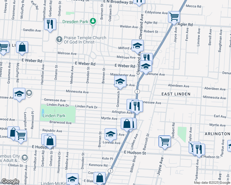 map of restaurants, bars, coffee shops, grocery stores, and more near 1610 Minnesota Avenue in Columbus