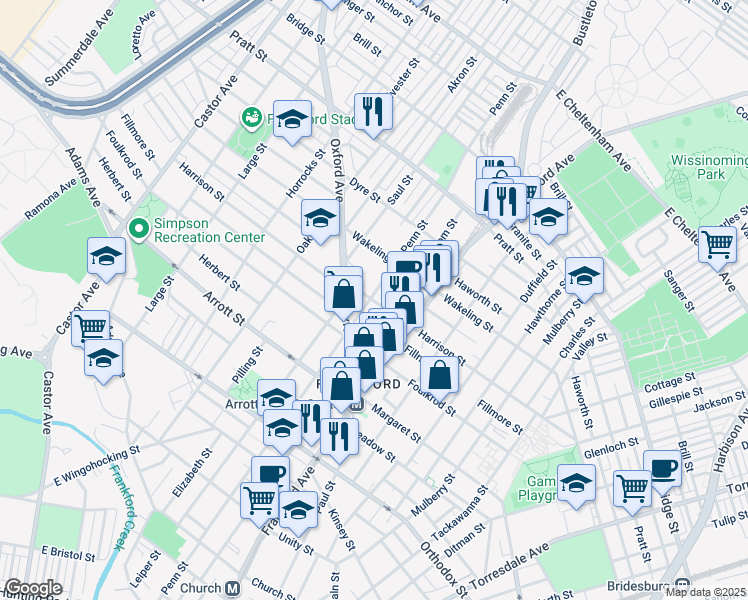 map of restaurants, bars, coffee shops, grocery stores, and more near 4905 Penn Street in Philadelphia
