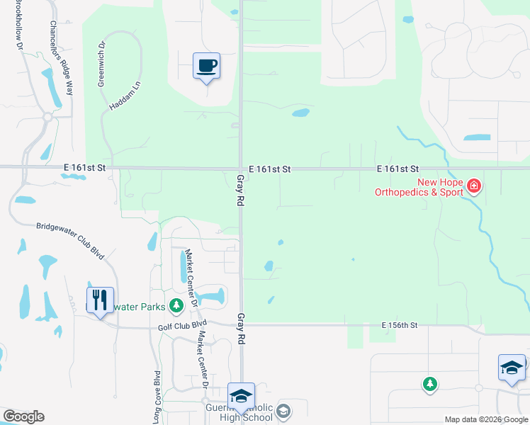 map of restaurants, bars, coffee shops, grocery stores, and more near 15896 Gray Road in Noblesville