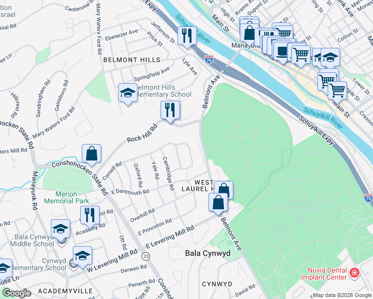 map of restaurants, bars, coffee shops, grocery stores, and more near 124 Cornell Road in Bala Cynwyd