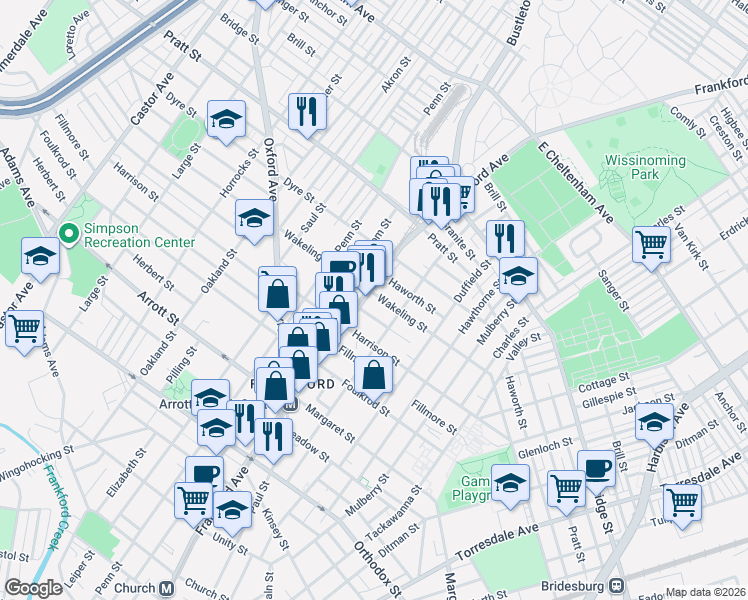 map of restaurants, bars, coffee shops, grocery stores, and more near 1623 Wakeling Street in Philadelphia