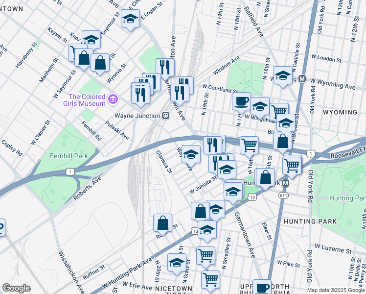 map of restaurants, bars, coffee shops, grocery stores, and more near 1945 Dennie Street in Philadelphia