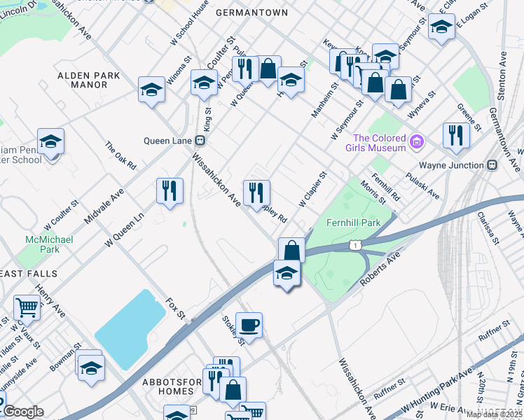 map of restaurants, bars, coffee shops, grocery stores, and more near 5042 Copley Road in Philadelphia