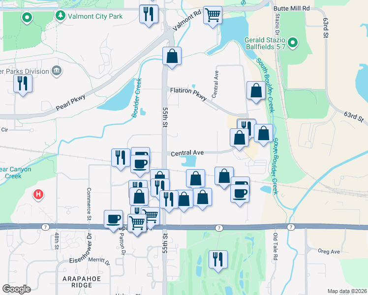 map of restaurants, bars, coffee shops, grocery stores, and more near 5541 Central Avenue in Boulder