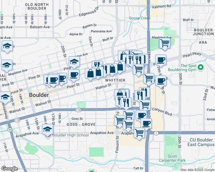 map of restaurants, bars, coffee shops, grocery stores, and more near 2340 Walnut Street in Boulder