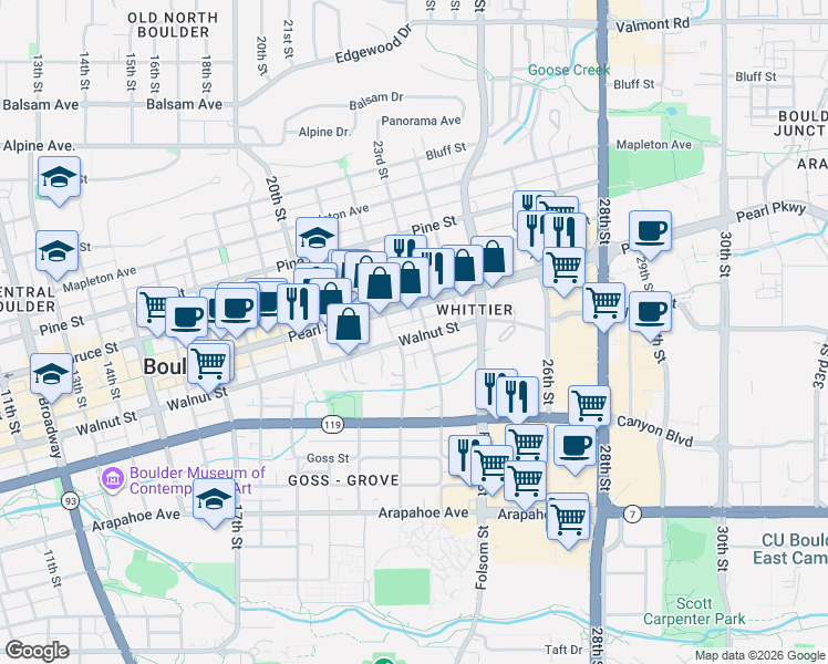 map of restaurants, bars, coffee shops, grocery stores, and more near 2247 Walnut Street in Boulder