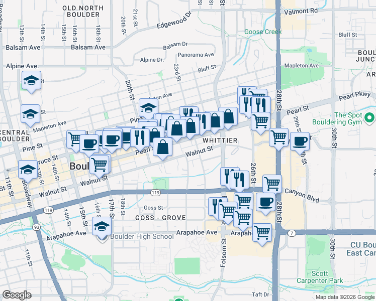 map of restaurants, bars, coffee shops, grocery stores, and more near 2247 Walnut Street in Boulder