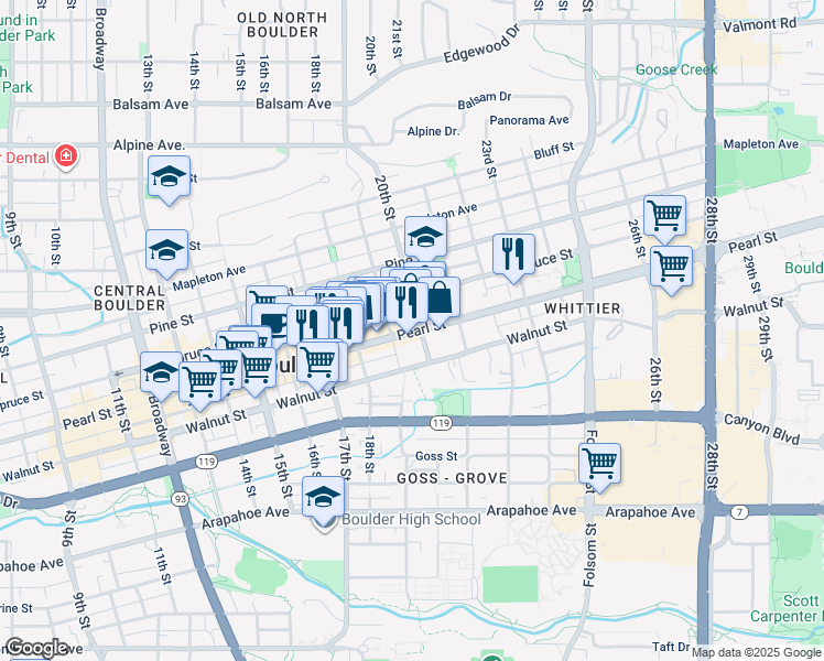 map of restaurants, bars, coffee shops, grocery stores, and more near in Boulder