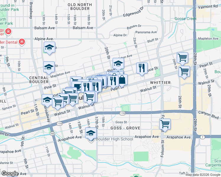 map of restaurants, bars, coffee shops, grocery stores, and more near in Boulder